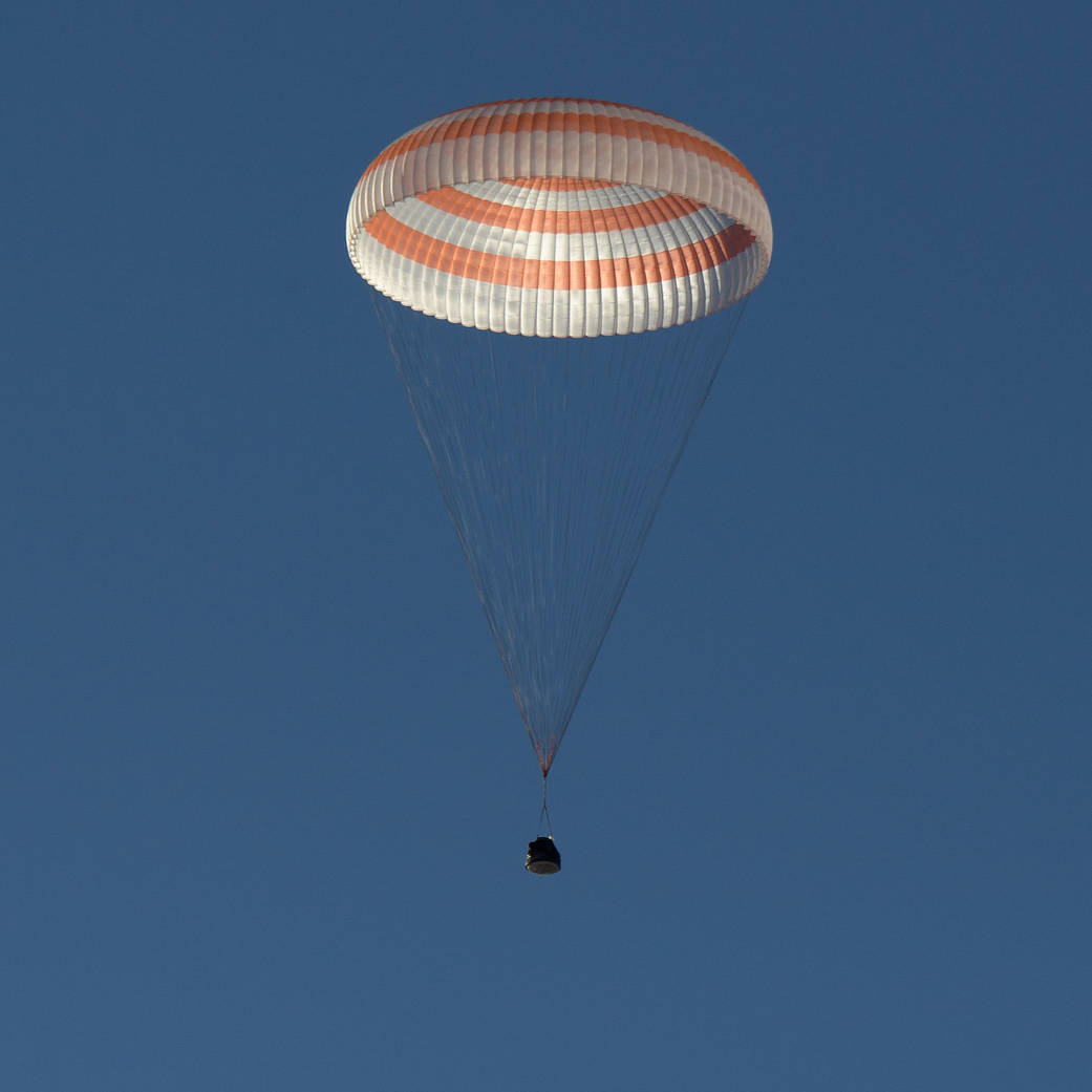 The Soyuz MS-08 spacecraft is seen as it lands with Expedition 56