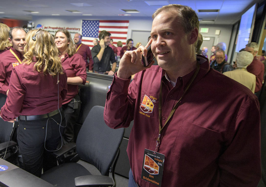 NASA Administrator Jim Bridenstine receives a congratulatory call from Vice President Mike Pence on Nov. 26, 2018.