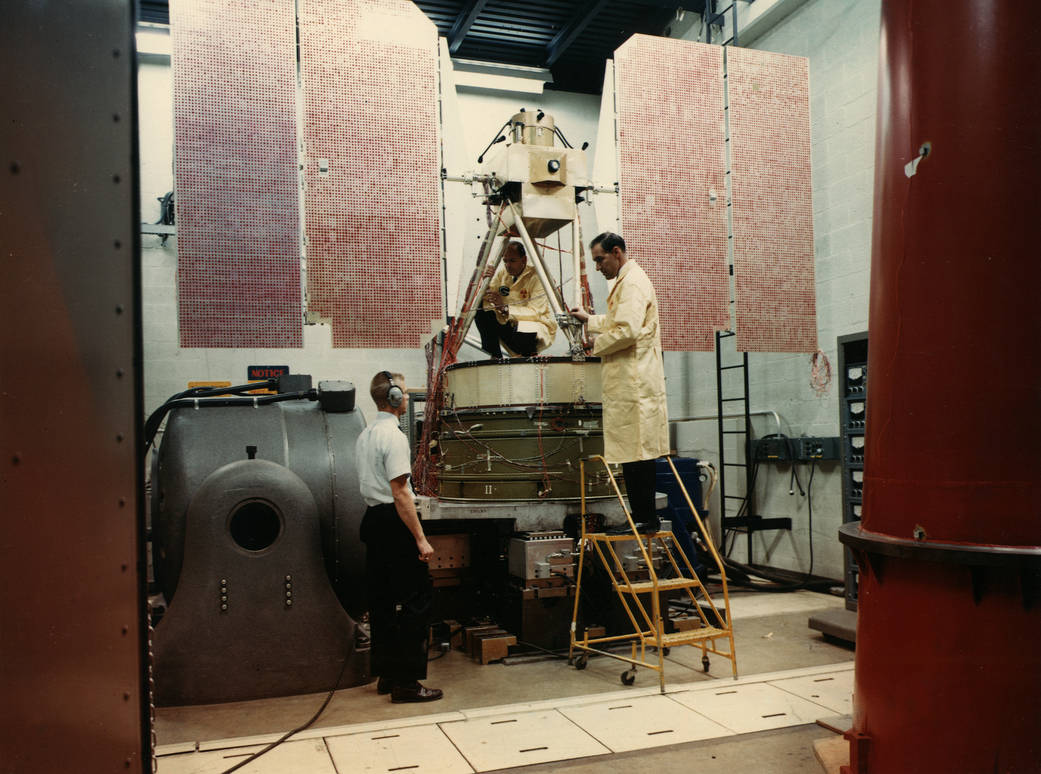 An early Nimbus satellite undergoes vibration testing at NASA's Goddard Space Flight Center in Greenbelt, Maryland, circa 1967.