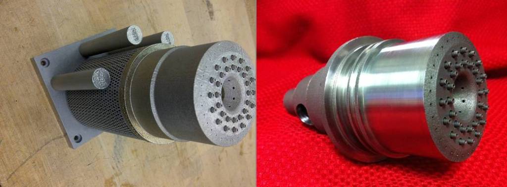 Materials engineers made this one-piece rocket engine injector in just 40 hours in a sophisticated 3-D printing machine.