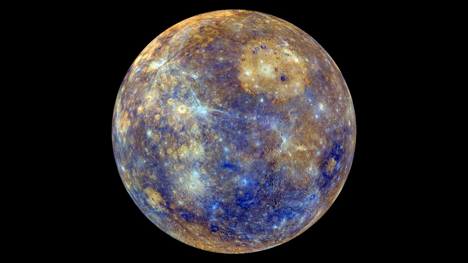 This view of Mercury was produced by using images from the color base map imaging campaign during MESSENGER's primary mission.