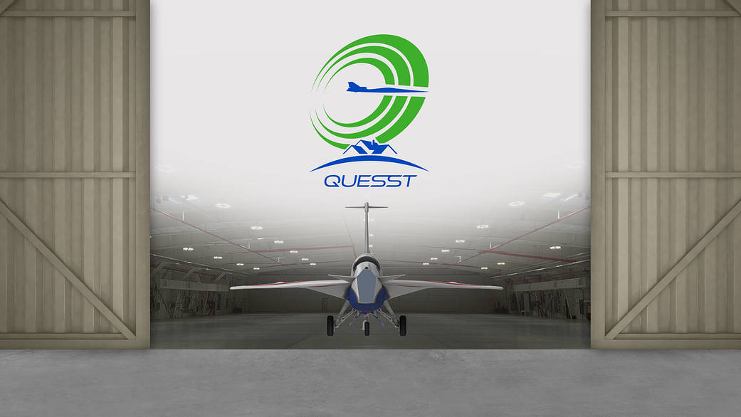 An artist illustration of the X-59 inside a hangar with the hangar doors oopen and the Quesst logo above it.