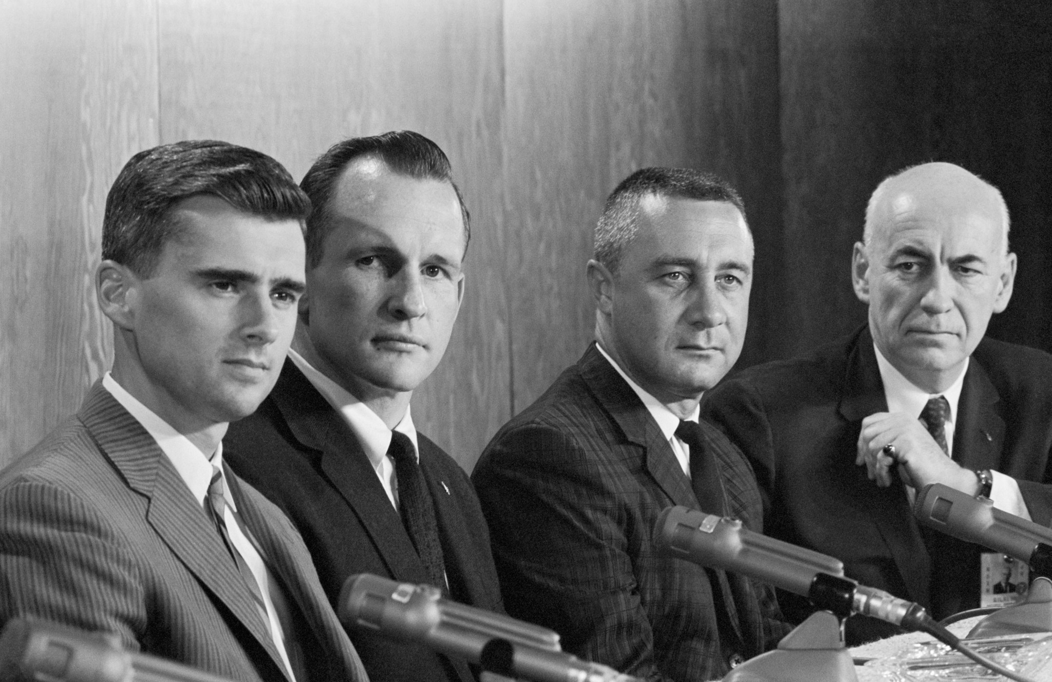 Manned Spacecraft Center Director Robert R. Gilruth (far right) introduces the Apollo 1 crew during press conference in Houston. Sitting next to Gilruth are (from left) astronauts Roger Chaffee, Edward H. White II, and Gus Grissom. (1966)