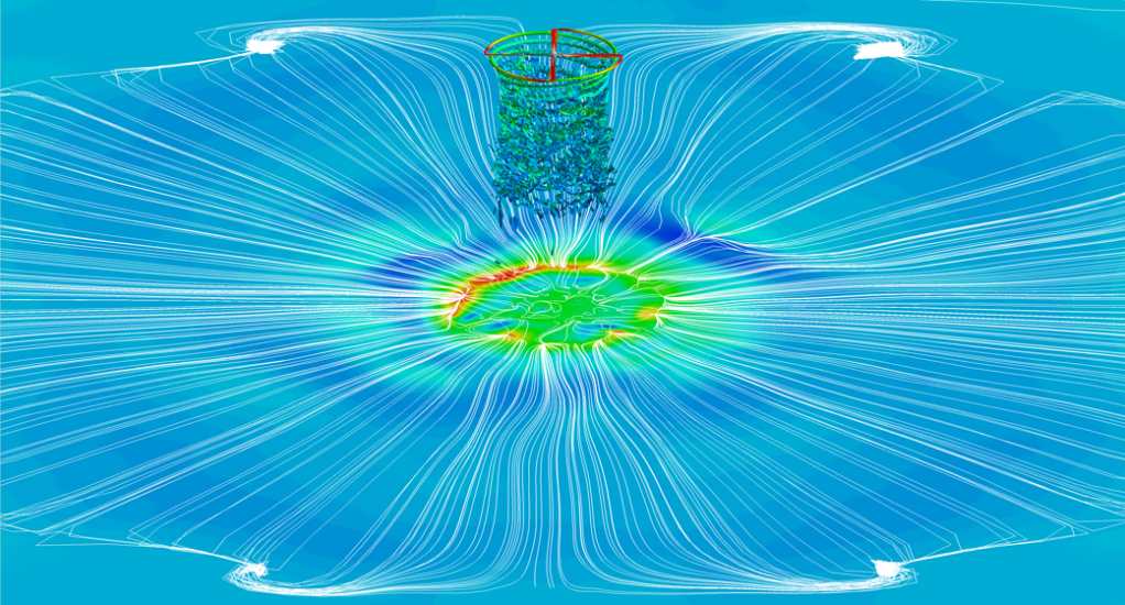 This visualization shows a pre-test hover simulation of a rotor within the 80x120-ft test section of the NFAC.