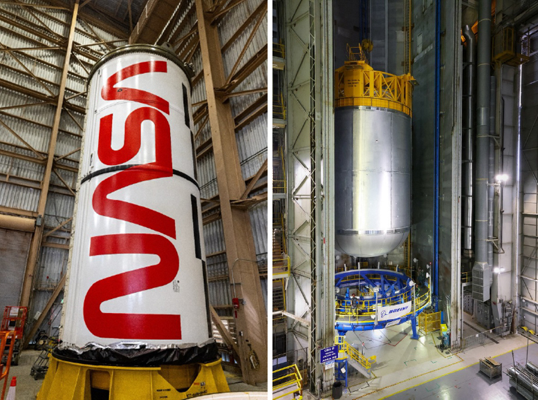 Left, An Artemis II solid rocket booster motor segment inside the Rotation, Processing, and Surge Facility at NASA's Kennedy Space Center. Right, Crew lifts the Artemis III SLS core stage liquid oxygen tank into Cell D at NASA's Michoud Assembly Facility.