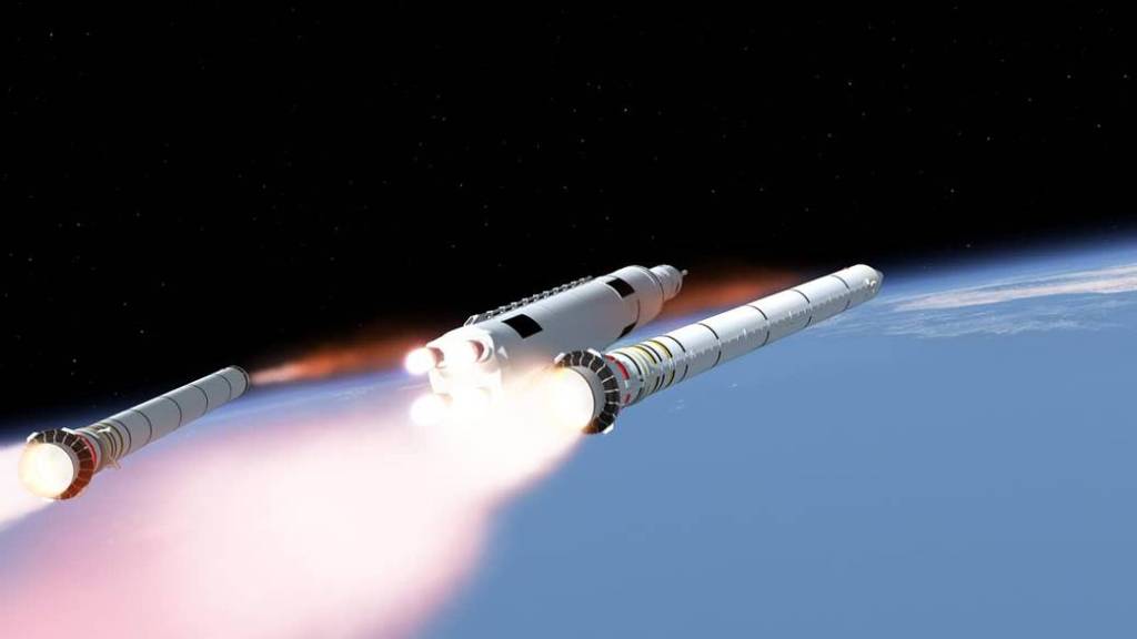 This artist concept shows boosters separating from NASA’s Space Launch System.