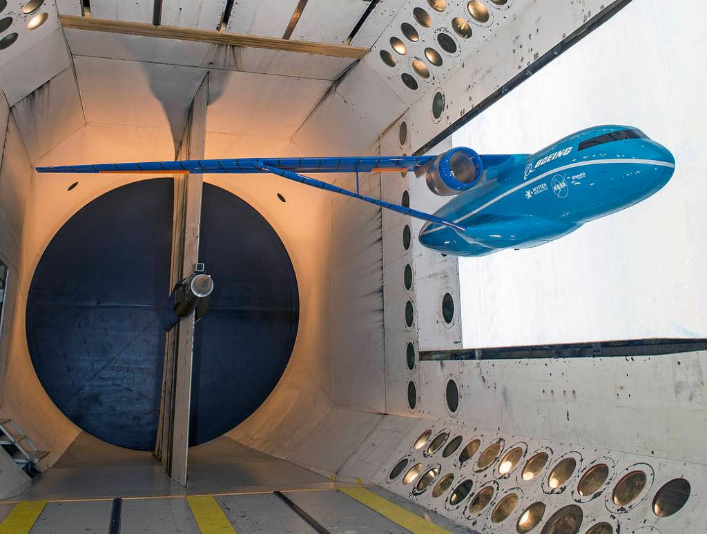 A 15-percent scale semi-span model built by Boeing, in for testing at the NASA Langley Transonic Dynamics Tunnel.