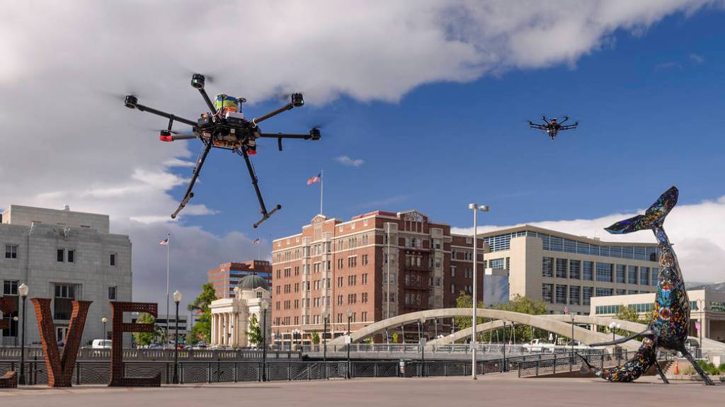 Two drones in flight in Reno, Nevada.