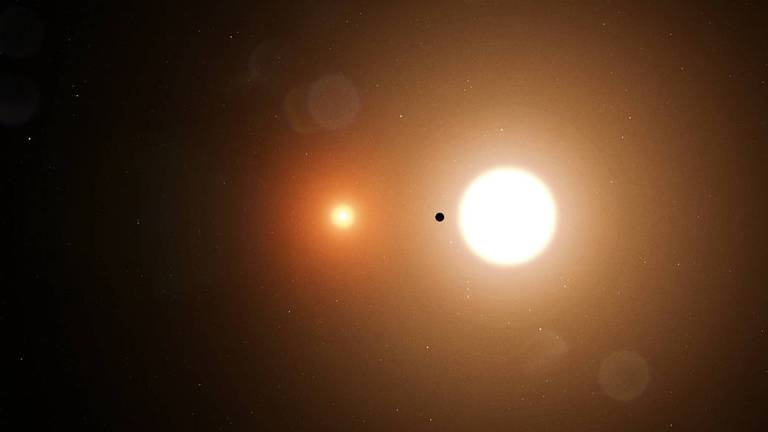 Illustration of a planet silhouetted by two suns