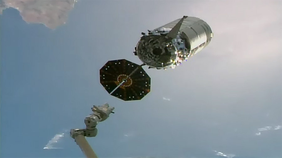 The Cygnus space freighter is pictured moments after being released from the grip of the Canadarm2 robotic completing its stay at the space station. Credit: NASA TV