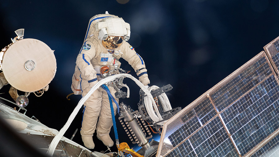 Cosmonaut Sergey Prokopyev is pictured in his Orlan spacesuit during a spacewalk outside the Zvezda service module on Aug. 15, 2018.