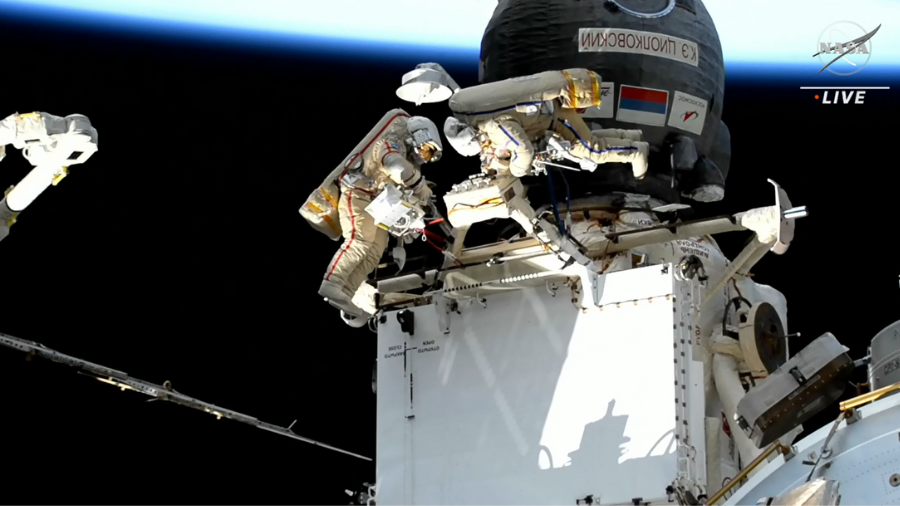 Cosmonauts Sergey Prokopyev and Dmitri Petelin work on the outside of the Rassvet module during a spacewalk on Nov. 17, 2022. Credit: NASA TV