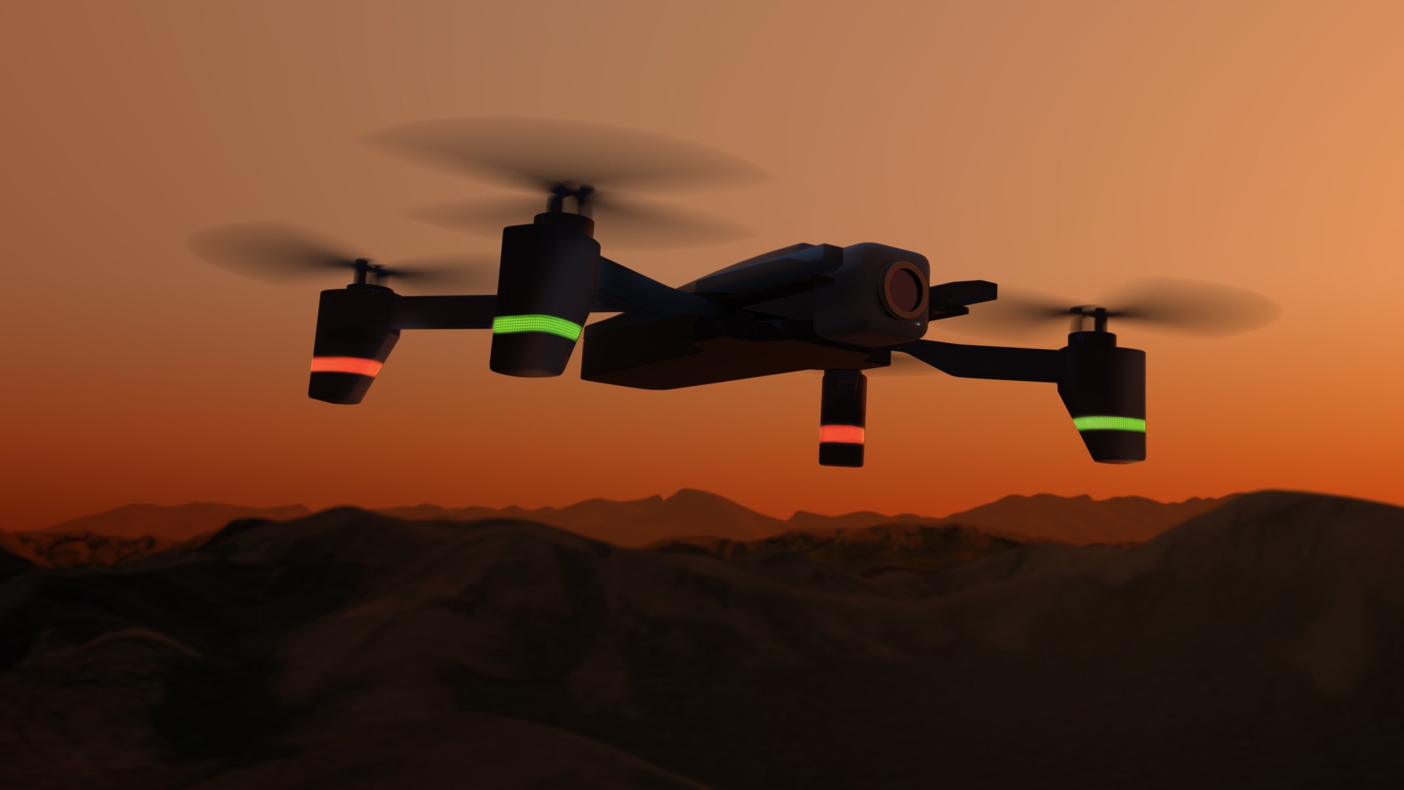 Wildfire Drone flying through the air while the sun is setting in the background. This is an example of what ACERO might look like.
