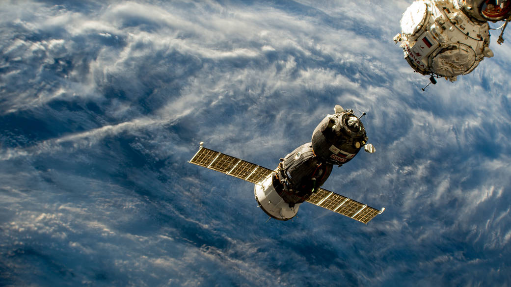 The Soyuz MS-23 crew ship approaches the space station