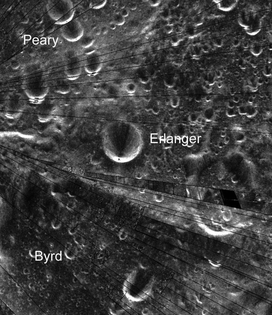 Mosaic of Mini-SAR image strips of the north polar area, showing the crater Erlanger.
