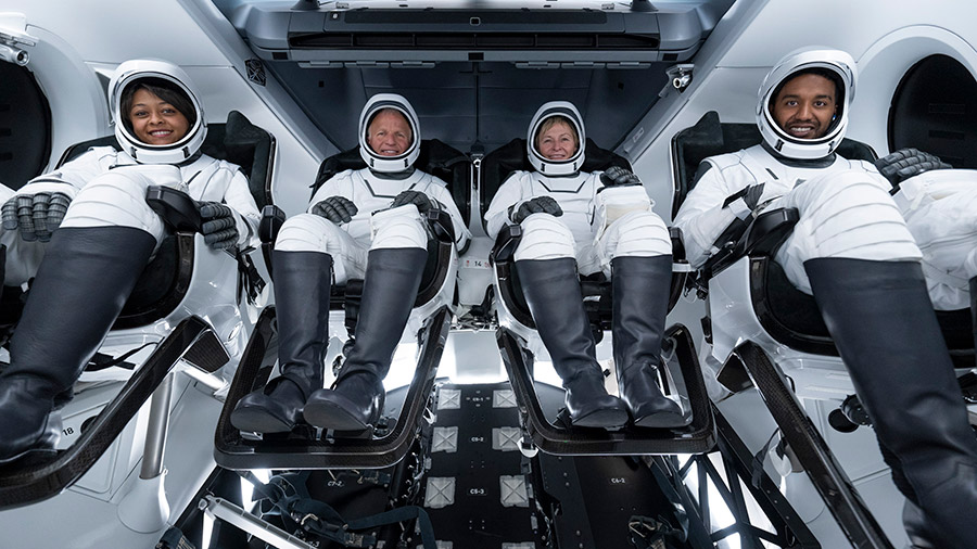 From left, Mission Specialist Rayyanah Barnawi, Pilot John Shoffner, Commander Peggy Whitson, and Mission Specialist Ali Alqarni are pictured inside the SpaceX Dragon Freedom crew ship. Credit: SpaceX