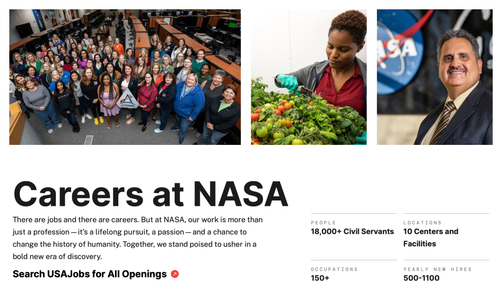 Screenshot of the Careers at NASA webpage.