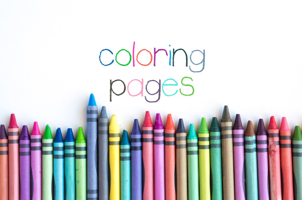 Coloring Pages with a row of crayons in various colors on the bottom.