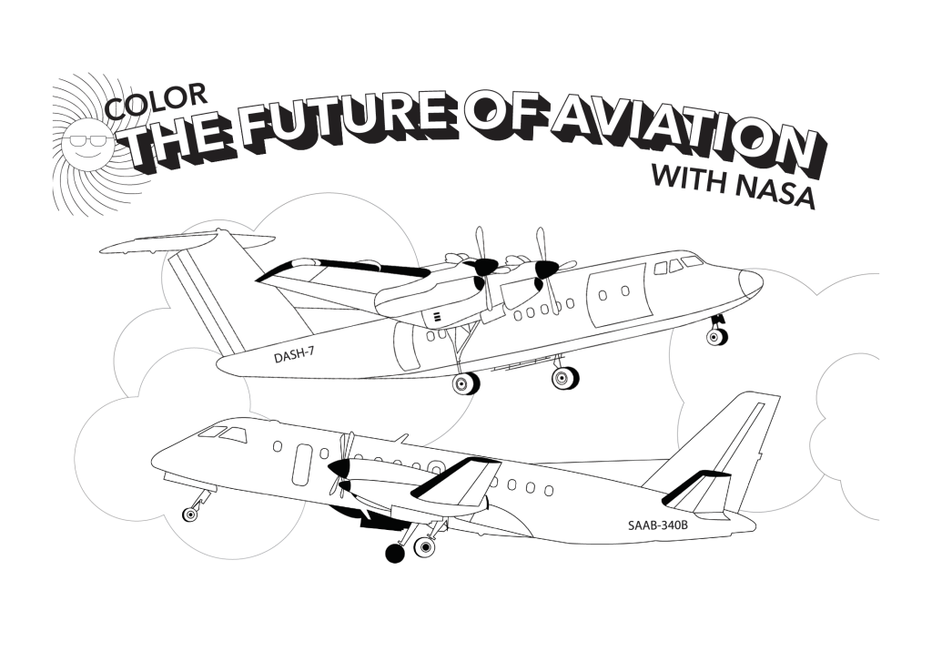 Coloring page showing two aircraft in flight powered in part by electricity with the title: The Future of Aviation with NASA.
