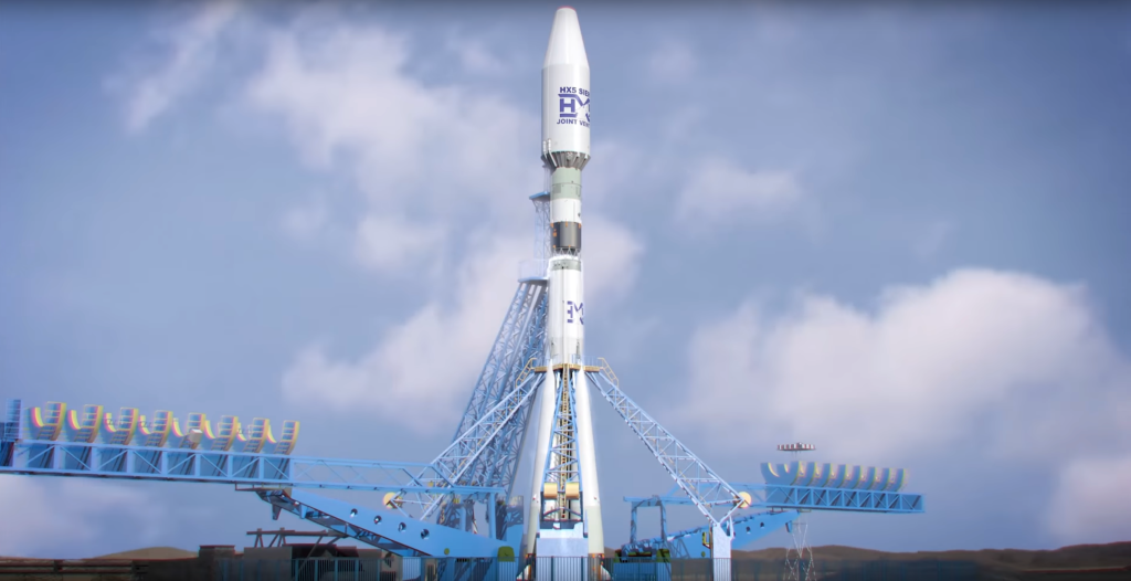 Screen shot from the Glenn Apprenticeship Program video showing an artist illustration of the HX5 Sierra rocket on the launchpad.