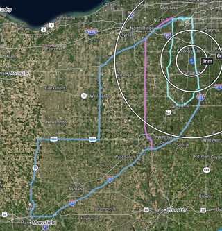 Map of the area NASA Glenn’s aircraft will fly over roadways in greater Cleveland, Lodi, Mansfield, and Medina. 