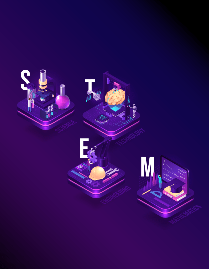 NASA STEM Virtual Toolkit graphic that spell out STEM (S is for Science); (T is for Technology); (E is for Engineering) and (M is for Math). Each letter has various graphics representing each category.