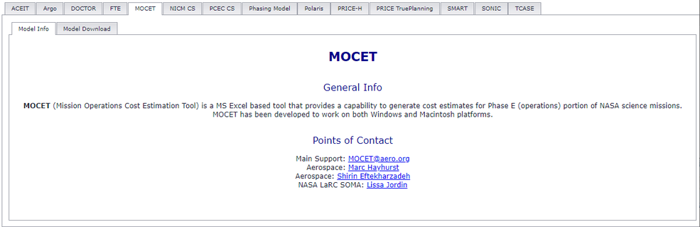 Figure 7 The ONCE Model Portal allows users to download analysis tools like MOCET - Mission Ops Cost Estimating Tool