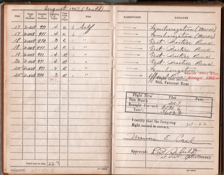 The Pilot Logbook Activities guide shows a page from Lt. Col. Marion Carl’s pilot logbook.