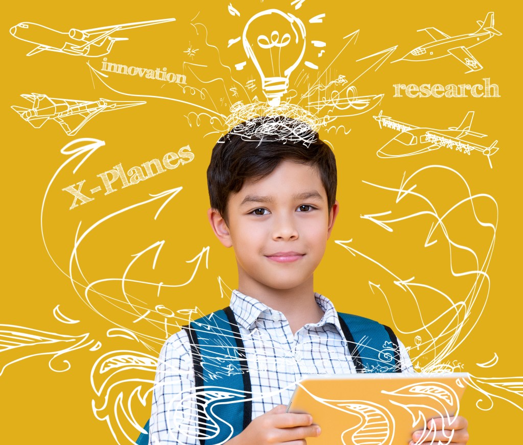 The Design Your Own X-Plane cover shows a middle-school male student in front a yellow background, wearing a backpack and holding a tablet. Around him are drawings of arrows and a lightbulb, airplanes.