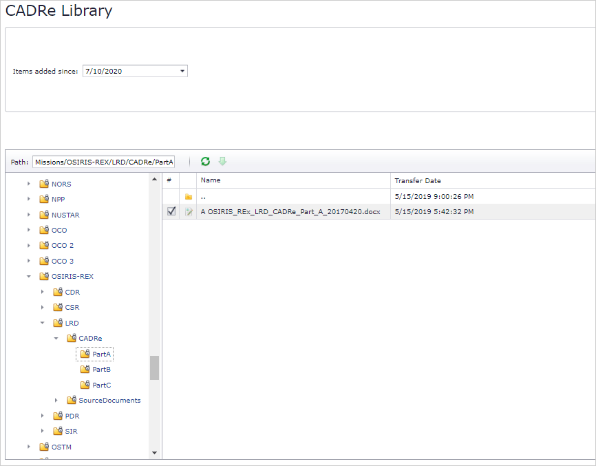 Figure 5 The CADRe Library on ONCE contains the native files (Word, Excel, etc.)