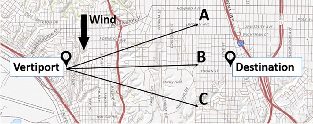 A map from the Flight Control Math 4 Using the Pythagorean Theorem showing the three possible paths for the drone’s flight.