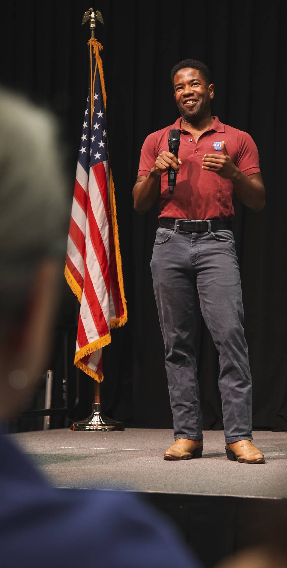 Nehemiah Williams, project manager for green propulsion technology development in Marshalls Science & Technology Office, gives a flash talk titled Spotlight on Lunar Flashlight at the expo.