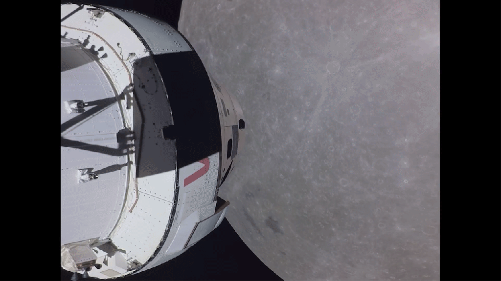 Animated gif showing the Orion spacecraft near the Moon during the Artemis 1 uncrewed flight test in 2022.