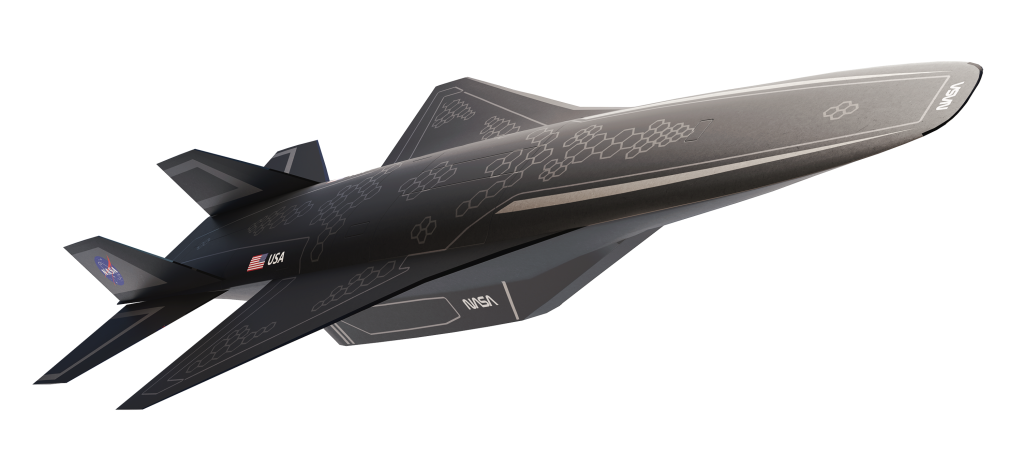 An artist concept of a skinny, rectangular hypersonic vehicle with delta wings and the NASA logo, covered in black tiles.