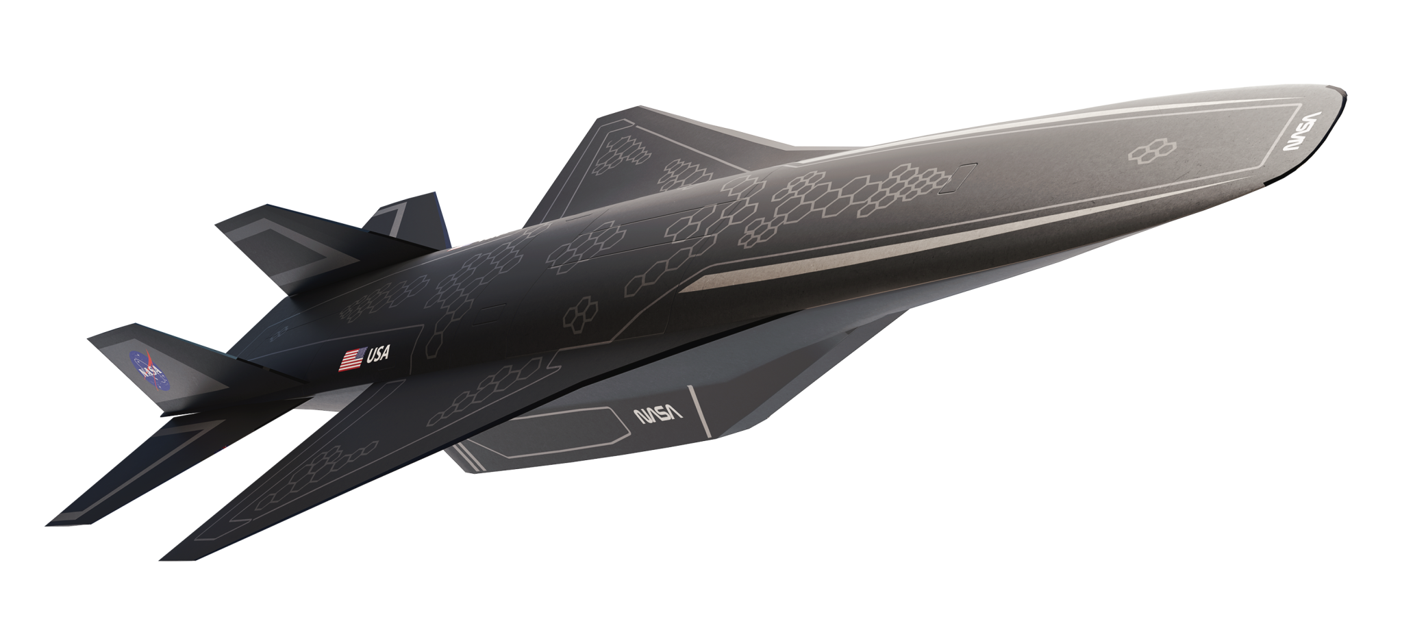 An illustration of a hypersonic vehicle. The vehicle is skinny, long, and somewhat rectangular from overhead with delta wings. It is covered in black tiles and has the NASA logotype and logo.
