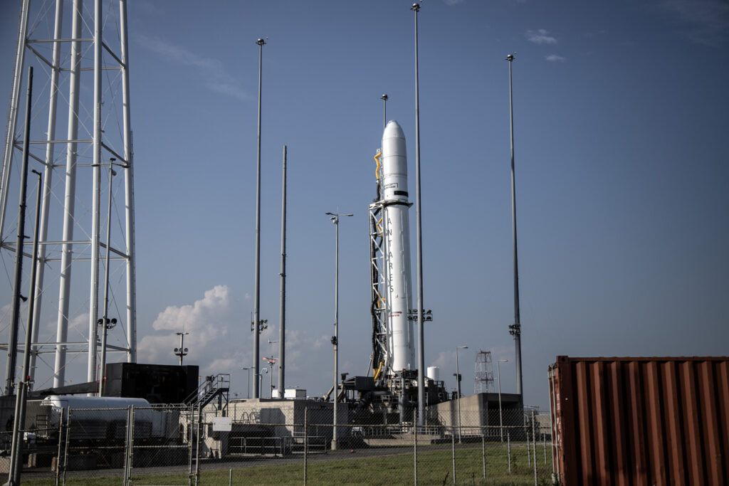 A Northrop Grumman Antares rocket carrying a Cygnus spacecraft loaded with cargo bound for the International Space Station is stood up vertical on Mid-Atlantic Regional Spaceport’s Pad-0A, Friday, July 28, 2023, at NASA's Wallops Flight Facility in Virginia. Photo Credit: (Northrop Grumman/Thom Baur)