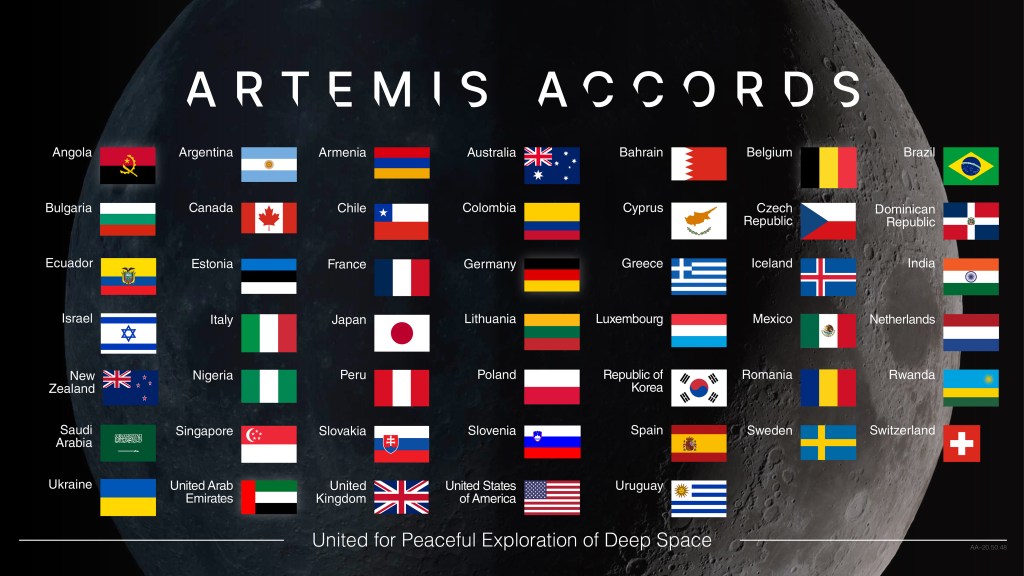 This graphic displays the flags of the nations that have signed the Artemis Accords against a background image of the Moon in the blackness of space. The graphic is titled “Artemis Accords.” The words, “United for Peaceful Exploration of Deep Space” appear on the bottom of the image