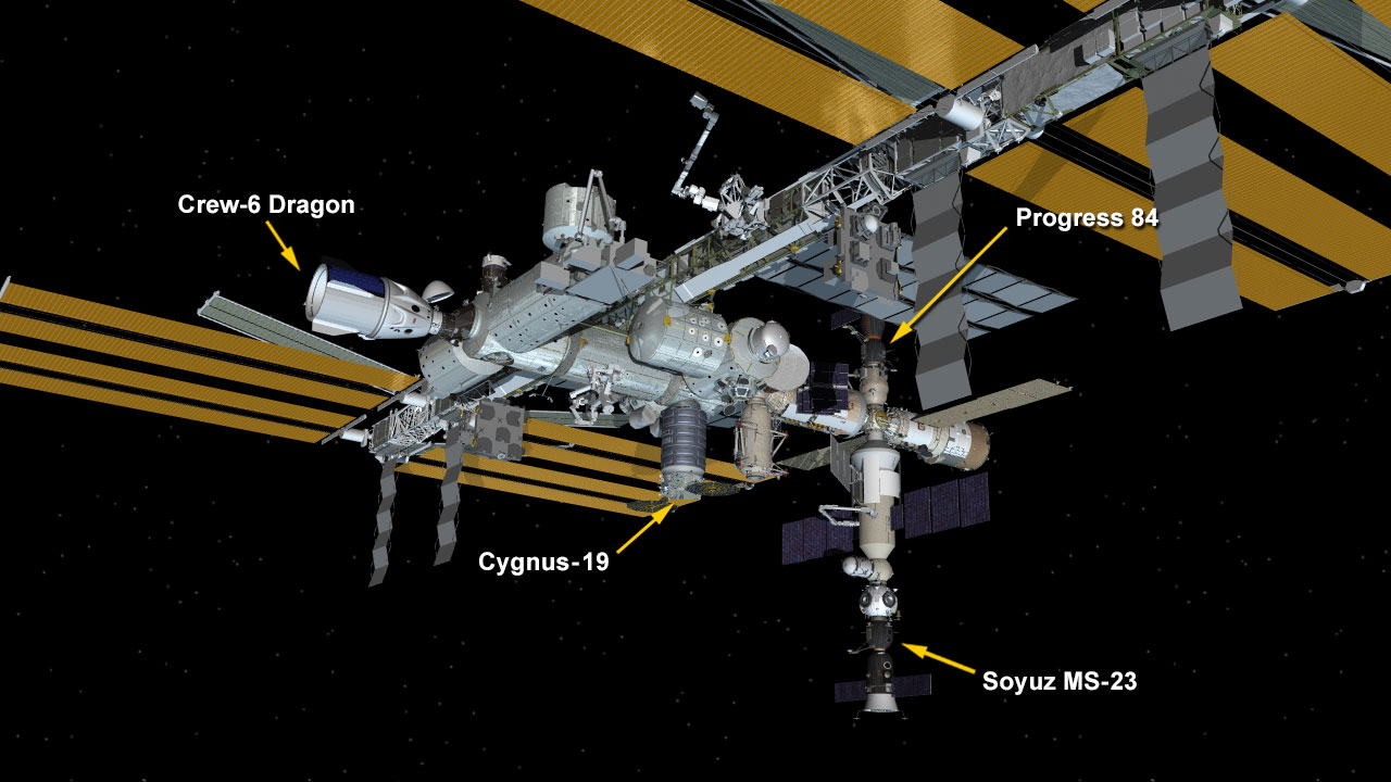 Aug. 20, 2023: International Space Station Configuration. Four spaceships are parked at the space station including the SpaceX Dragon Endeavour, Northrop Grumman's Cygnus space freighter, the Soyuz MS-23 crew ship, and the Progress 84 resupply ship.