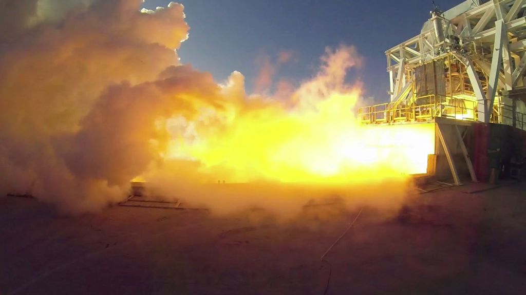 a closeup of a hotfire test of Aerojet Rocketdyne AJ26 engine E-15 on the E-1 Test Stand at NASA’s Stennis Space