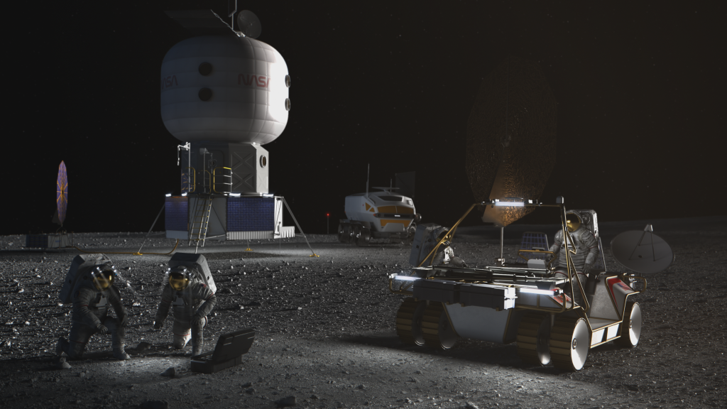 A futuristic scene depicting astronauts working on the dark, South Pole region of the Moon, with a large habitat in the background