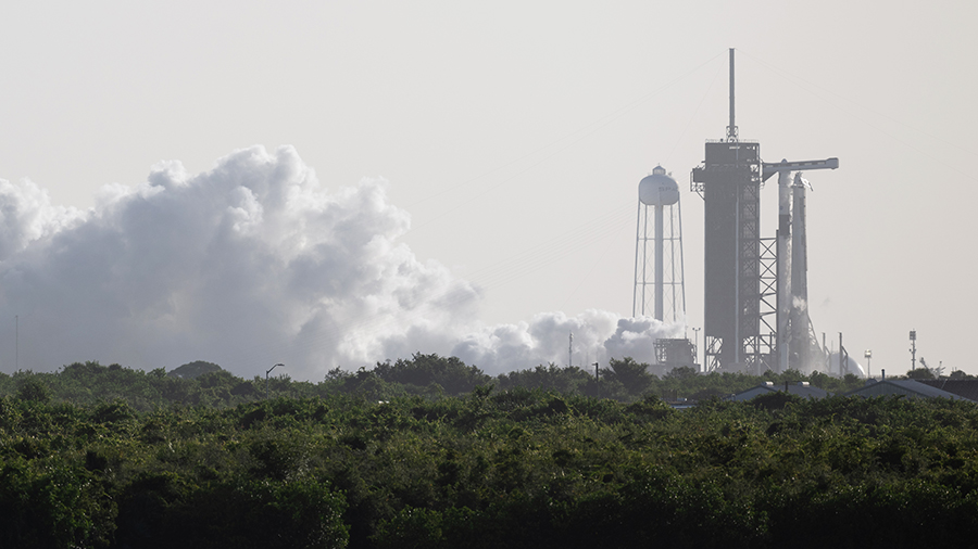 The SpaceX Falcon 9 rocket engines fired for 6 seconds as part of the pre-launch static fire test on Tuesday prior to the launch of the SpaceX Crew-7 mission at 3:49 a.m. on Friday. Credit: NASA/Joel Kowsky