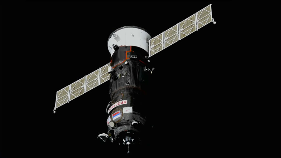 The ISS Progress 82 cargo craft is pictured approaching the space station for a docking on Oct. 27, 2022. Credit: NASA TV