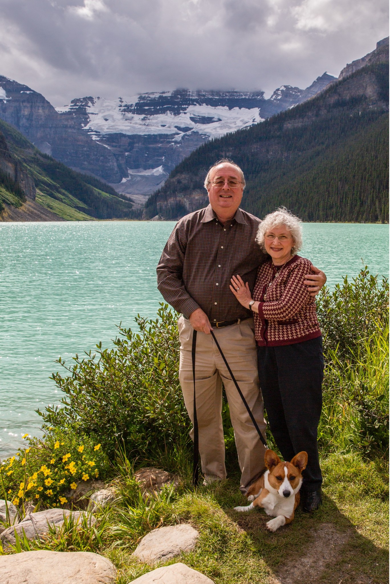 Sean Colgan and his wife and Corgi at Lake Louise in 2019