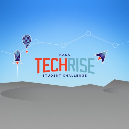 NASA TechRise Student Challenge logo featuring a rocket-powered lander and a balloon made of colorful triangles.