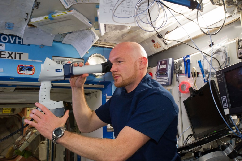 ESA astronaut Alexander Gerst uses the fundoscope during an exam for the Ocular Health study to characterize the risk of SANS to crew members assigned to six-month flights. The data collected mirrored Medical Requirements Integration Document (MRID) requirements and testing performed during annual medical exams, with a focus on monitoring in-flight visual changes and post-flight recovery.