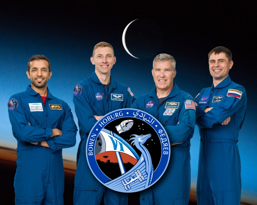 The official crew photo for NASA's SpaceX Crew-6 mission showcasing NASA astronauts Stephen Bowen and Woody Hoburg, UAE (United Arab Emirates) astronaut Sultan Alneyadi, and Roscosmos cosmonaut Andrey Fedyaev.