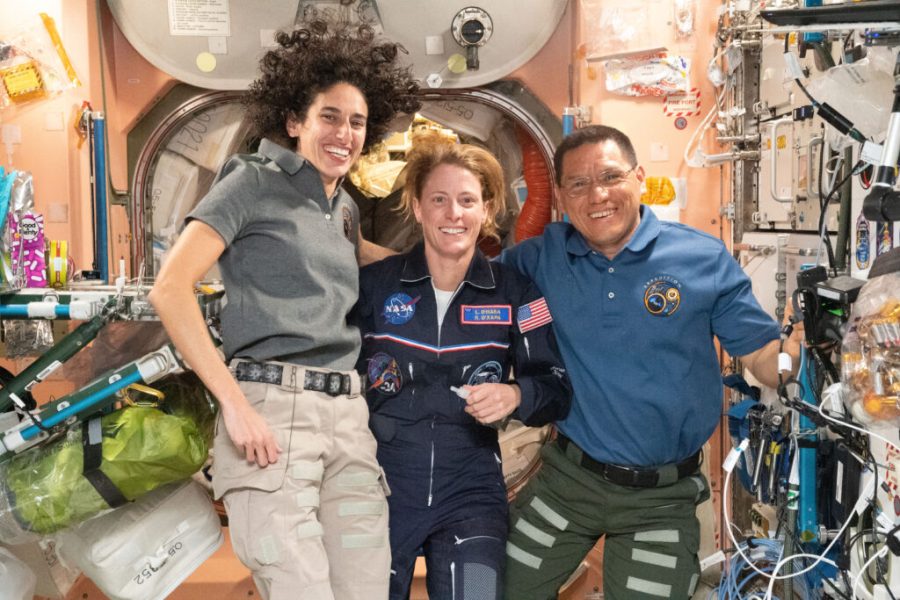 Expedition 69 Flight Engineers (from left) Jasmin Moghbeli, Loral O'Hara, and Frank Rubio, all NASA astronauts, pose for a portrait aboard the International Space Station's Unity module. All three crew members were selected as part of the NASA astronaut class of 2017.