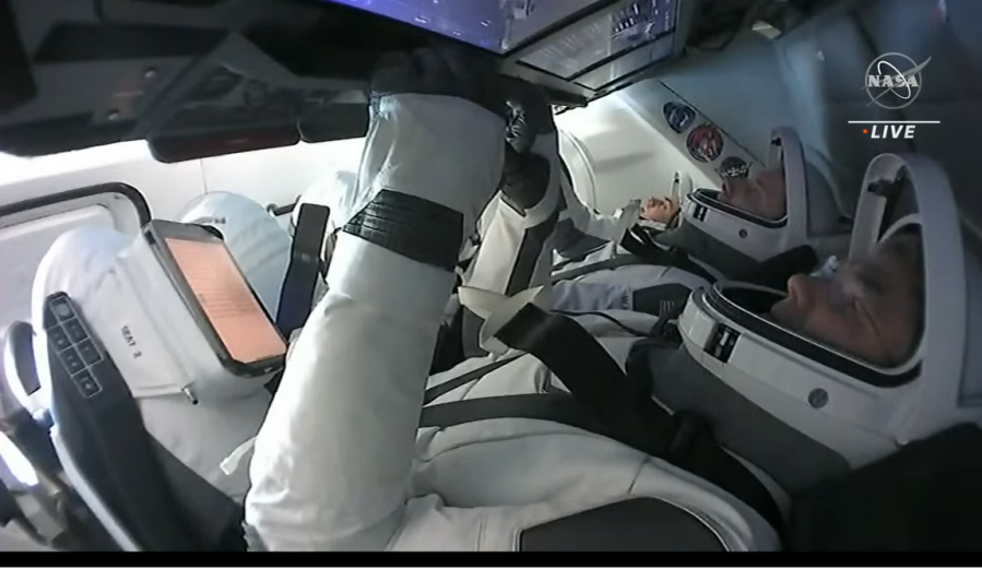 NASA's SpaceX Crew-6 crew members are seen inside the Dragon Endeavour spacecraft during their return to Earth on Sept. 3, 2023.