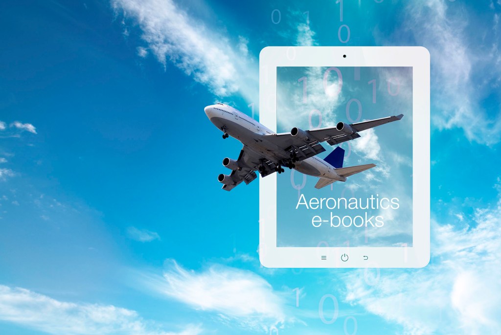 Aeronautics Ebooks (plane flying out of an electronic reader).