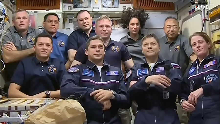 The 10-person Expedition 69 crew is now aboard the space station. Front row from left are, Roscosmos cosmonauts Konstantin Borisov, Nikolai Chub, and Oleg Kononenko, and NASA astronaut Loral O'Hara. In the back are, ESA astronaut Andreas Mogensen, NASA astronaut Frank Rubio, cosmonauts Dmitri Petelin and Sergey Prokopyev, NASA astronaut Jasmin Moghbeli, and JAXA astronaut Satoshi Furukawa. Credit: NASA TV